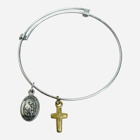 Silver Tone Sliding Bangle Religious Charms Cross St Anthony St Jude Medal Charm - Picture 1 of 4
